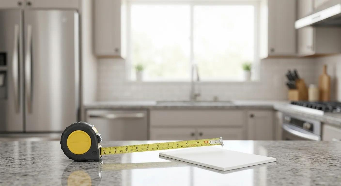 construction tape measure laying on kitchen counter next to notepad bokeh background