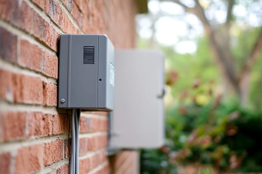 Outdoor electrical disconnect box beside a residential air conditioner condenser representing electrical AC warning signs