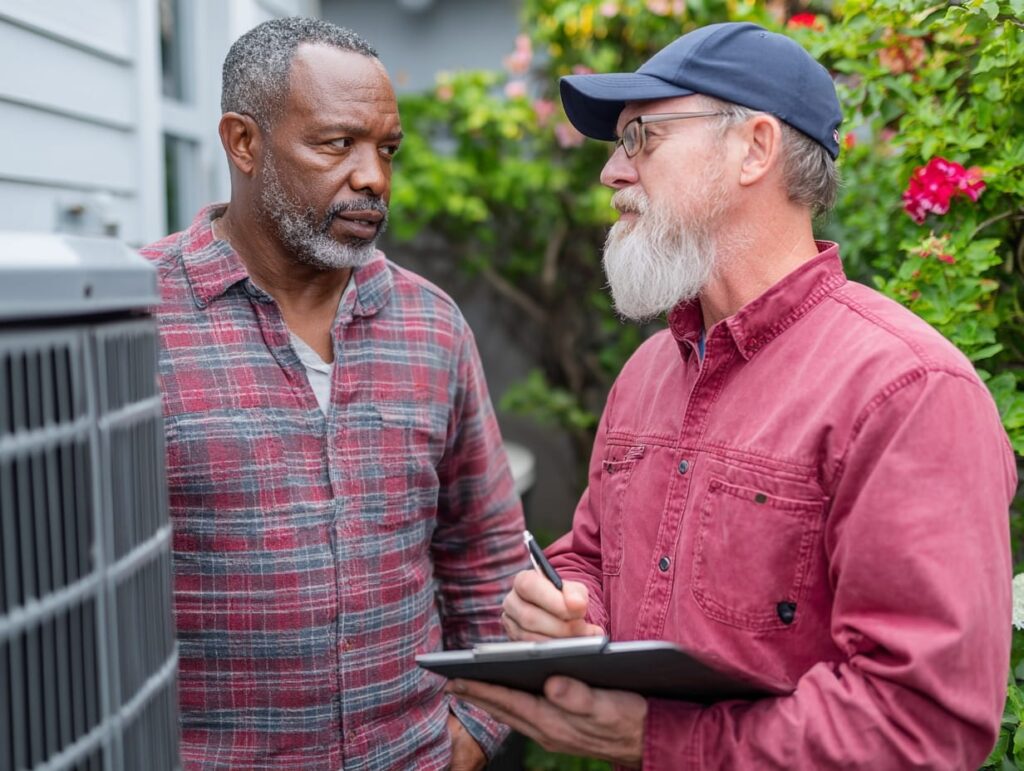 Homeowner and HVAC technician discussing whether to repair or replace an air conditioner with repeated freeze-ups
