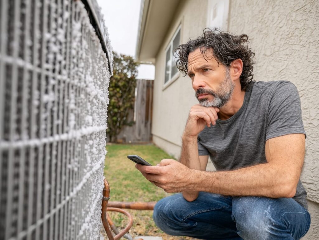 Homeowner crouched beside a frozen outdoor AC unit, holding a smartphone and observing the heavy ice buildup on the condenser to diagnose the issue.