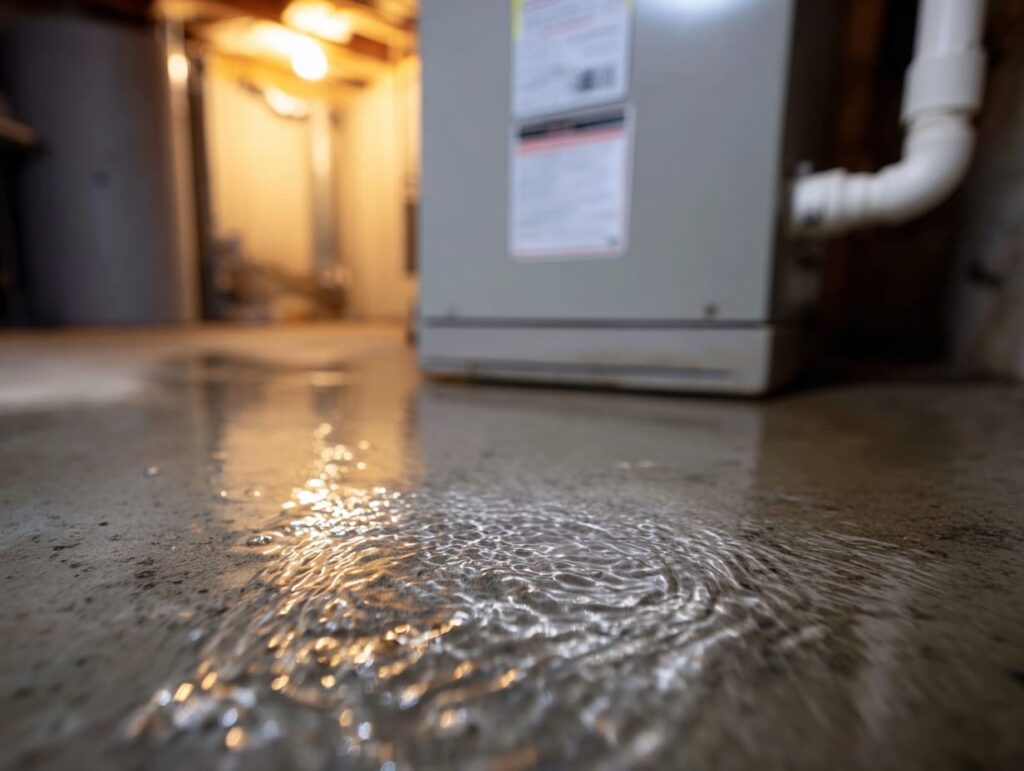 Water pooled on a basement concrete floor around the base of a residential furnace, illustrating how a thawed AC freeze-up can cause condensate to leak around the indoor unit.