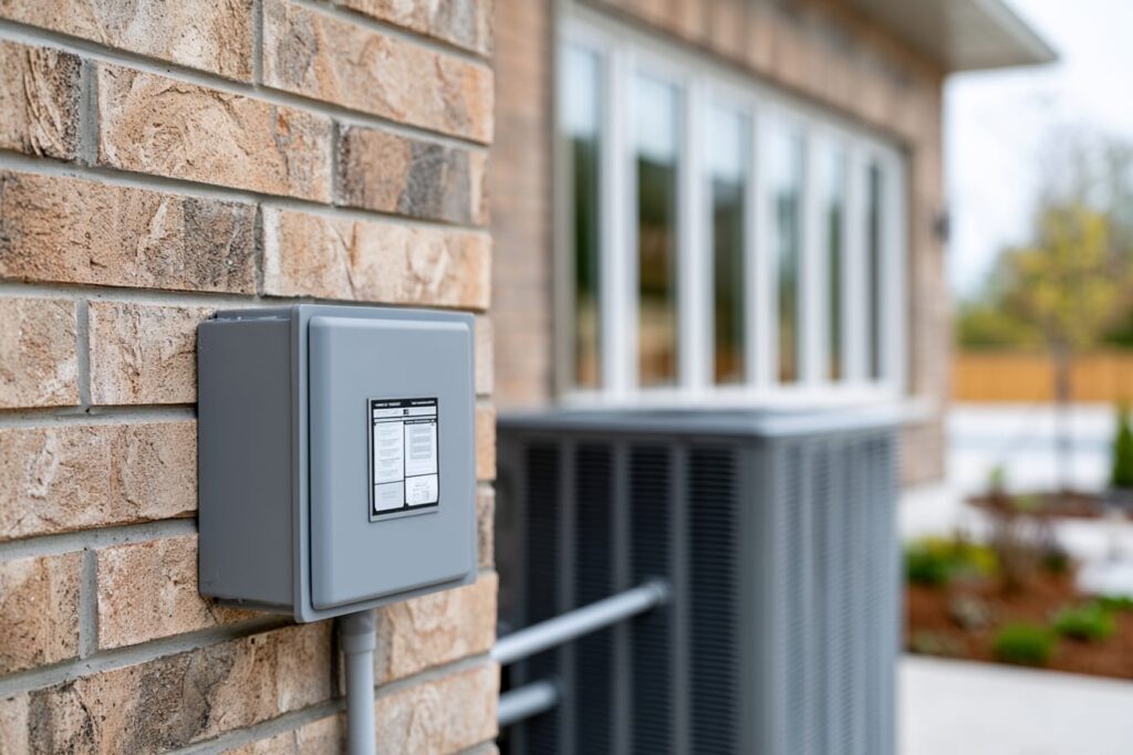 Outdoor AC disconnect box beside a residential condenser used to confirm the electrical circuit is off