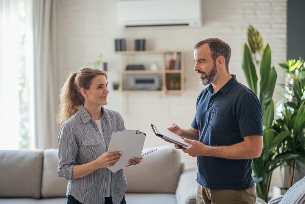 A homeowner asking an advisor questions, on what to ask before choosing a SEER2 rating