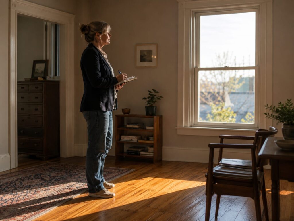 Homeowner with a notepad walking through a warm sunlit upstairs room deciding which rooms need cooling