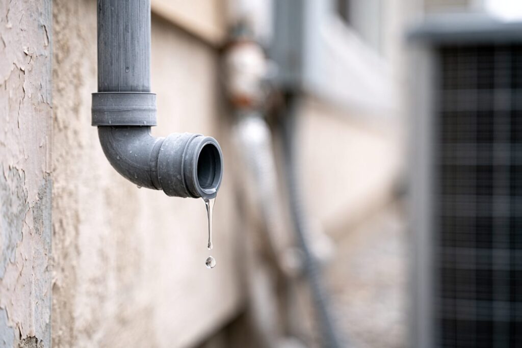 Ductless AC condensate drain line dripping water outdoors representing a common cause of ductless leaks