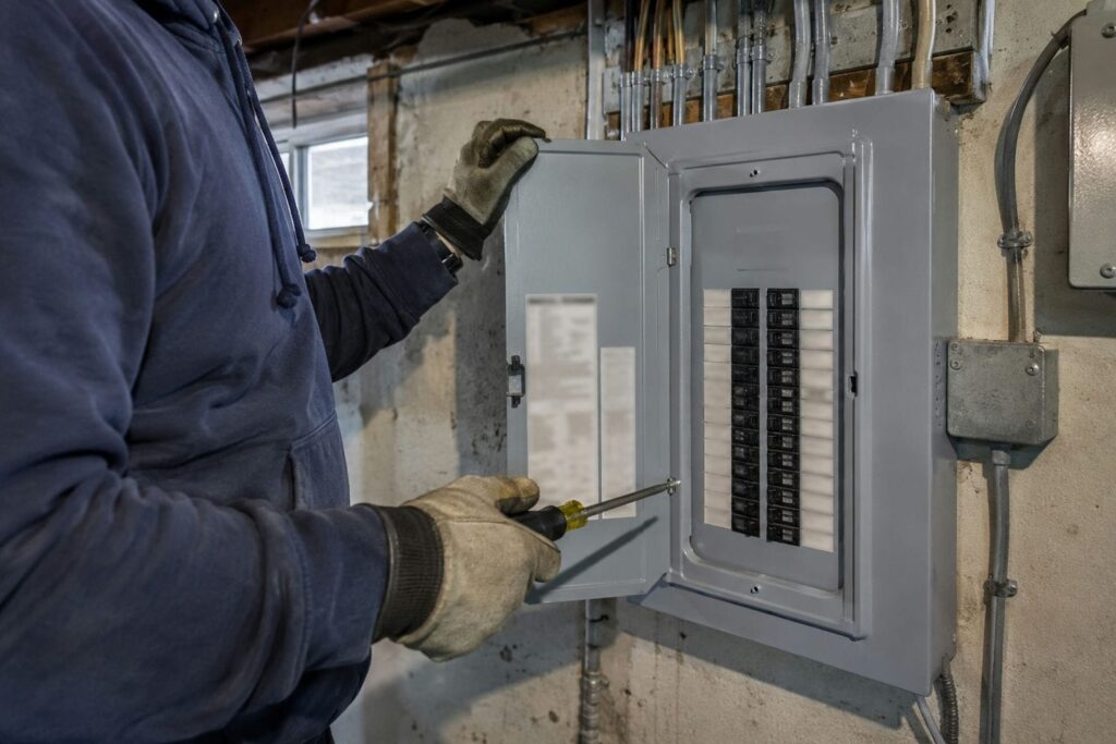 Licensed electrician working at an open residential electrical panel in a basement utility area