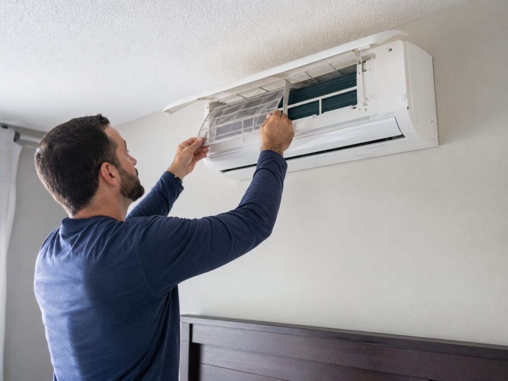 Homeowner on a step stool lifting the front panel of a wall-mounted ductless head to remove the filter