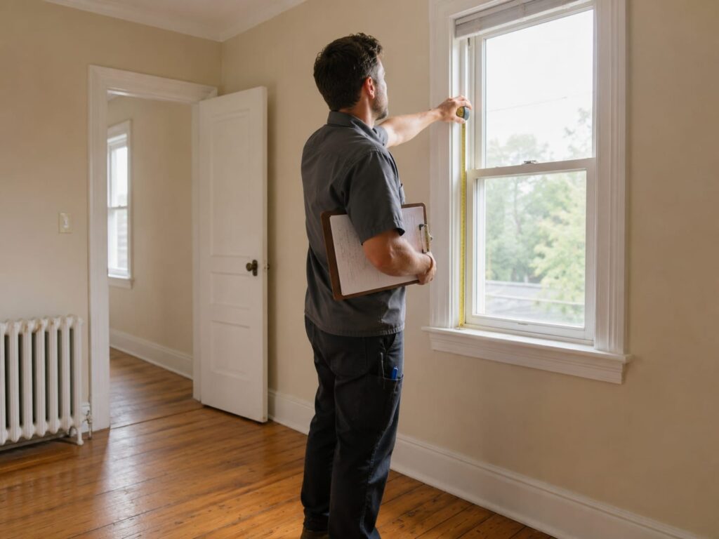 HVAC technician measuring a bedroom window while taking notes for a heating and cooling load calculation