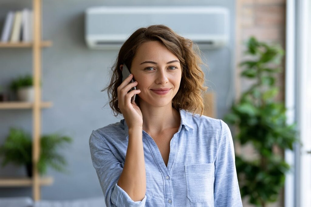 Homeowner calling an HVAC technician after identifying a persistent ductless AC leak
