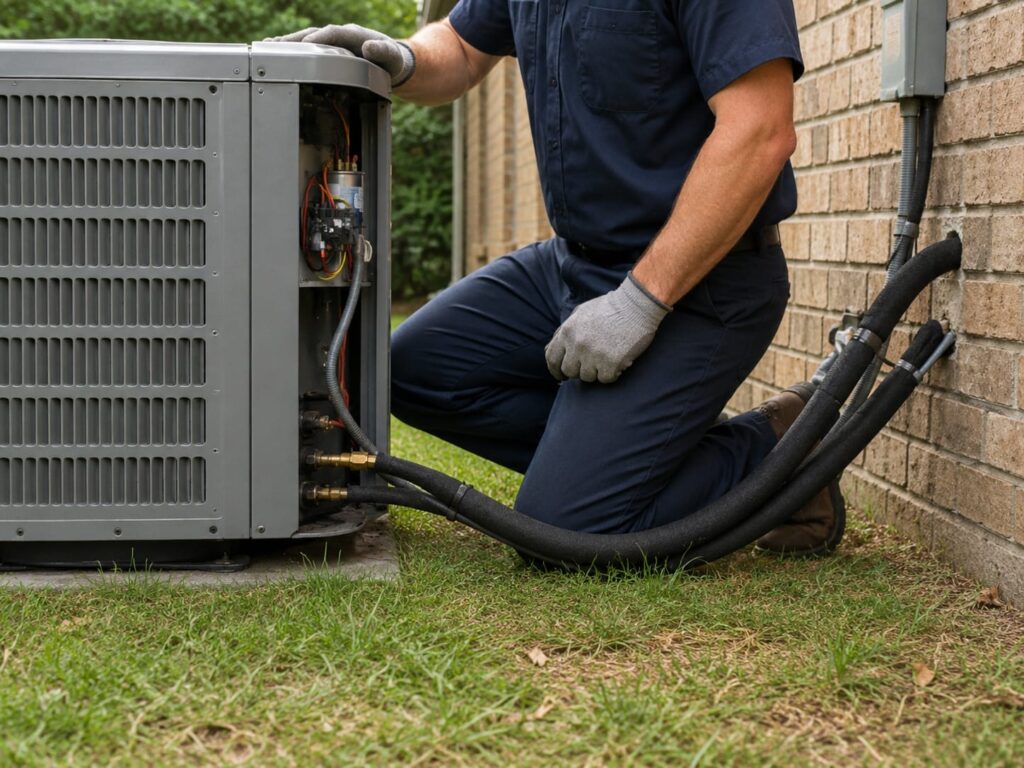 HVAC technician kneeling beside an outdoor condenser unit checking the refrigerant line connections