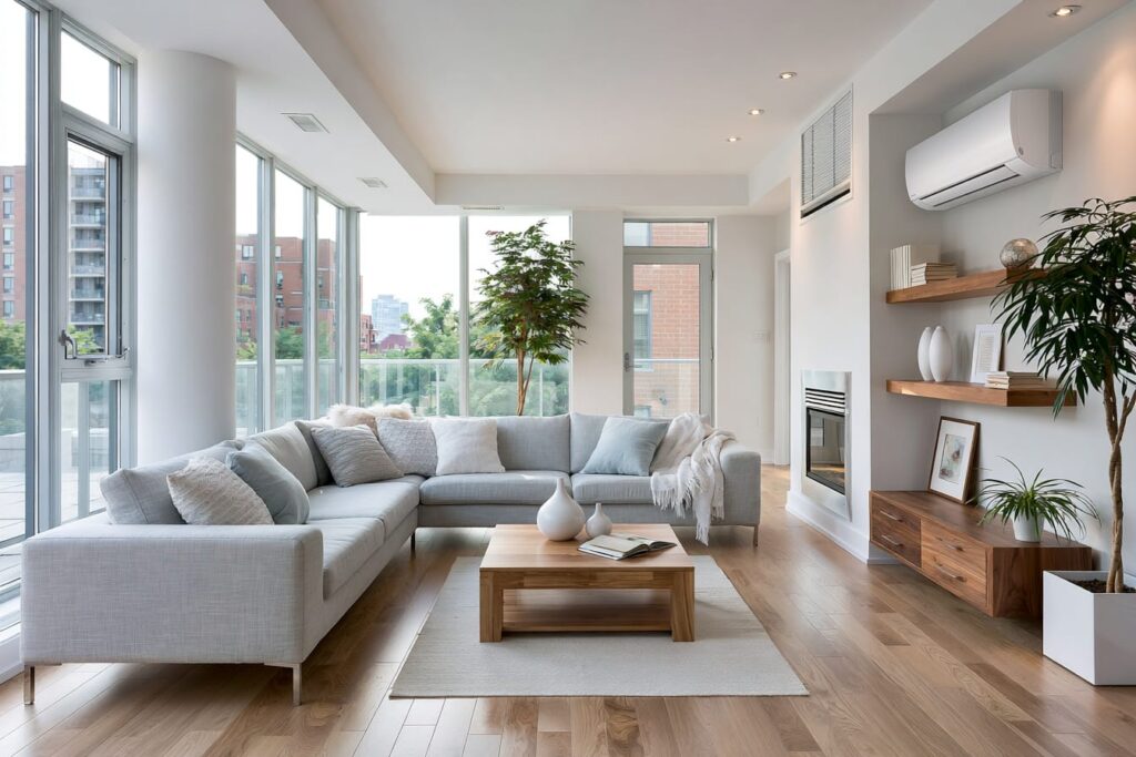 Ductless AC mini-split installed in a modern Toronto condo where leaks commonly occur