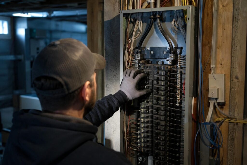 Electrician working at an open residential electrical panel during a central air installation