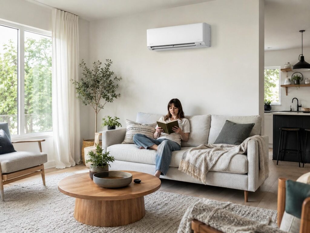 Wall-mounted ductless mini-split head cooling a bright living room while a homeowner relaxes