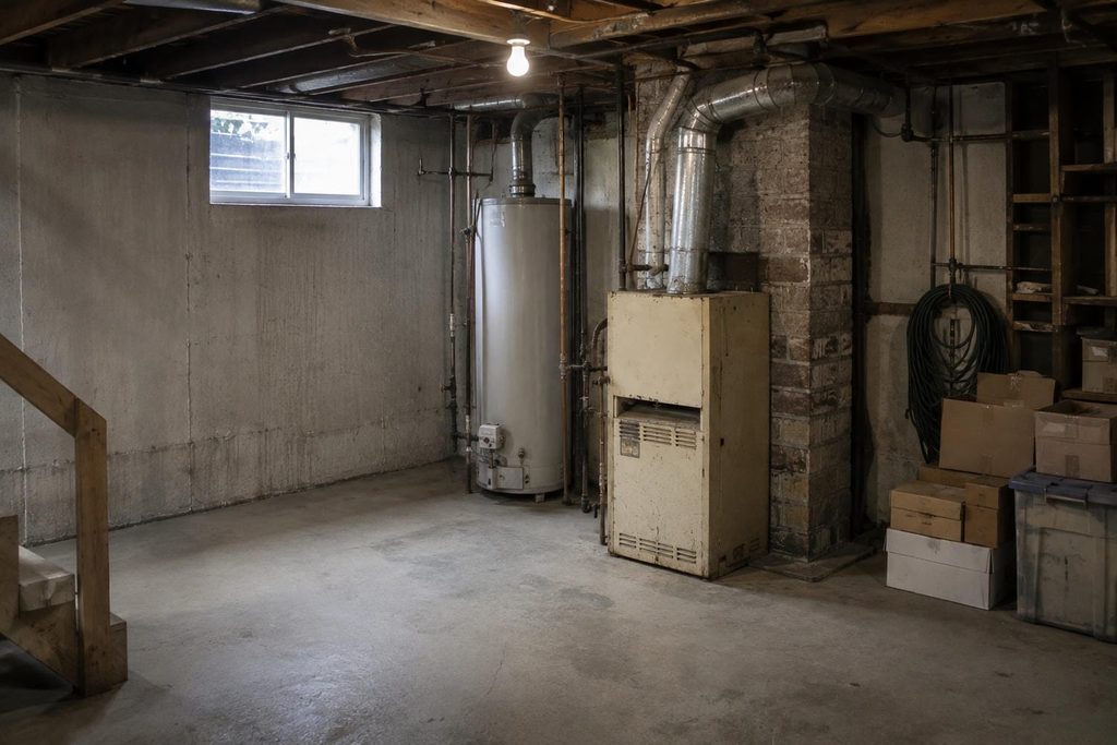 Aging gas furnace and water heater standing in an unfinished basement utility area of an older Ontario home.
