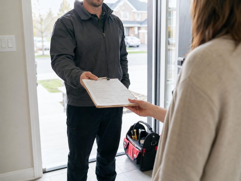 HVAC technician handing a written service report on a clipboard to a homeowner at the front door.