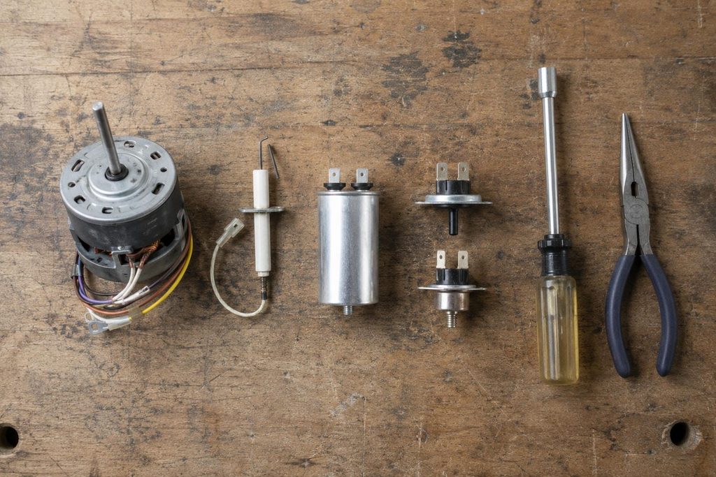 Replacement furnace parts including a blower motor, igniter and capacitor laid out on a workbench with hand tools.