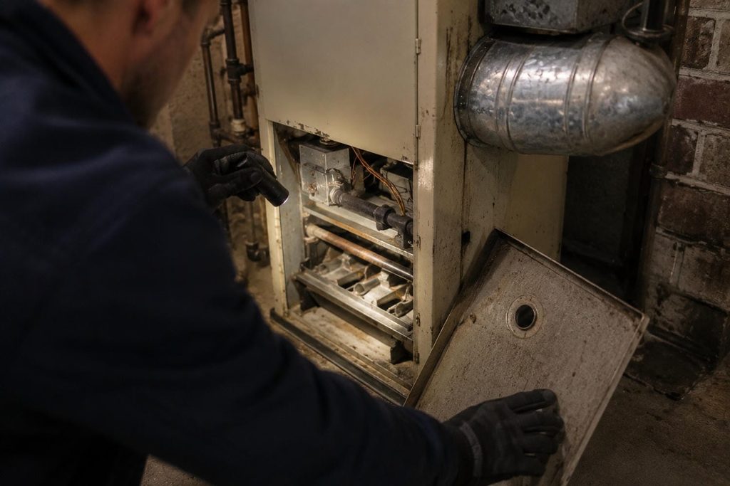 HVAC technician using a flashlight to inspect the open burner compartment of an older gas furnace during a safety check.
