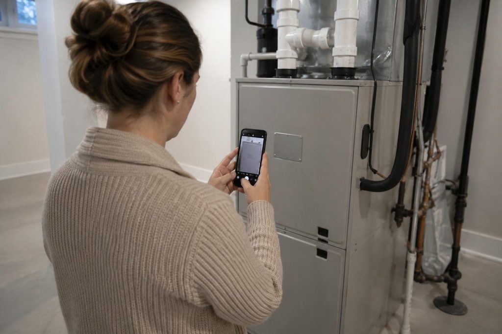 Homeowner photographing the model and serial label on a furnace cabinet with a smartphone to check warranty coverage.