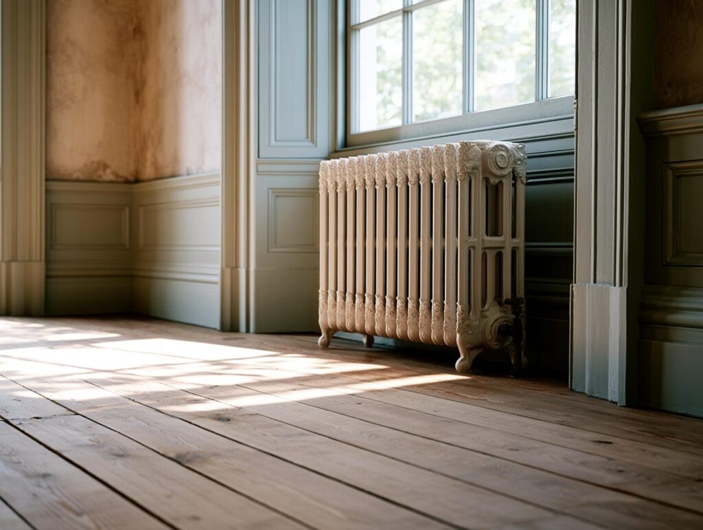 Cast-iron radiator beneath a window in a period Toronto living room with plaster walls