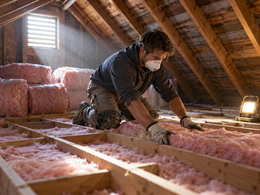 Installer laying thick batt insulation between the ceiling joists in the attic of an Ontario home