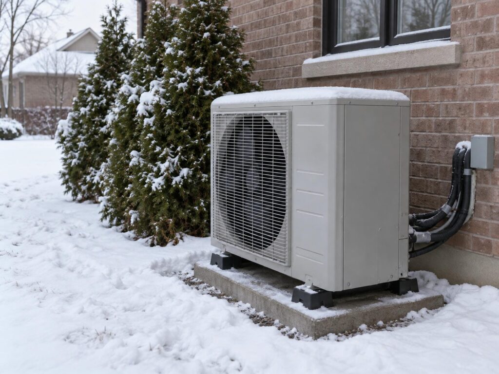 Outdoor heat pump unit on a low pad beside the brick wall of a suburban home in winter with snow cleared around its base