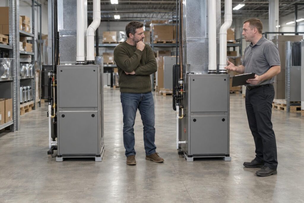 Homeowner looking at two new gas furnaces standing side by side in a heating showroom while a salesperson waits beside them