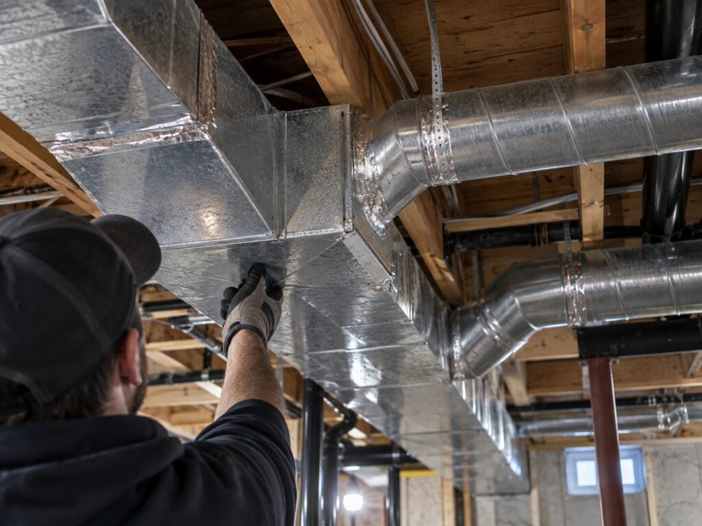 Galvanized trunk duct and branch runs threading through the ceiling joists of a Greater Toronto Area basement while a technician reaches toward a return connection