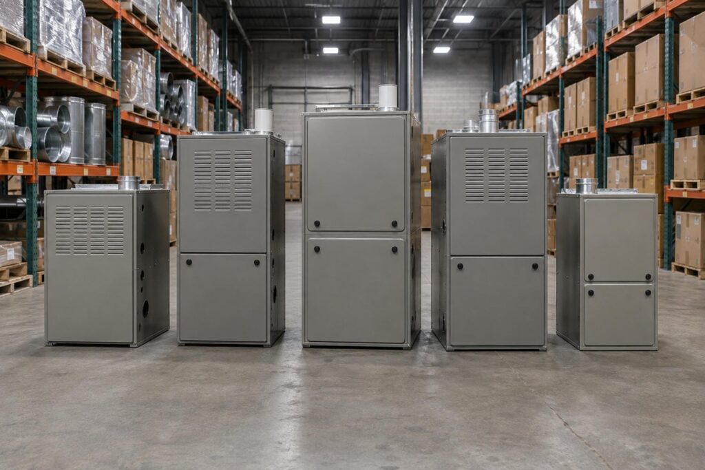 Row of new residential gas furnaces in several different sizes standing side by side on an HVAC supply warehouse floor