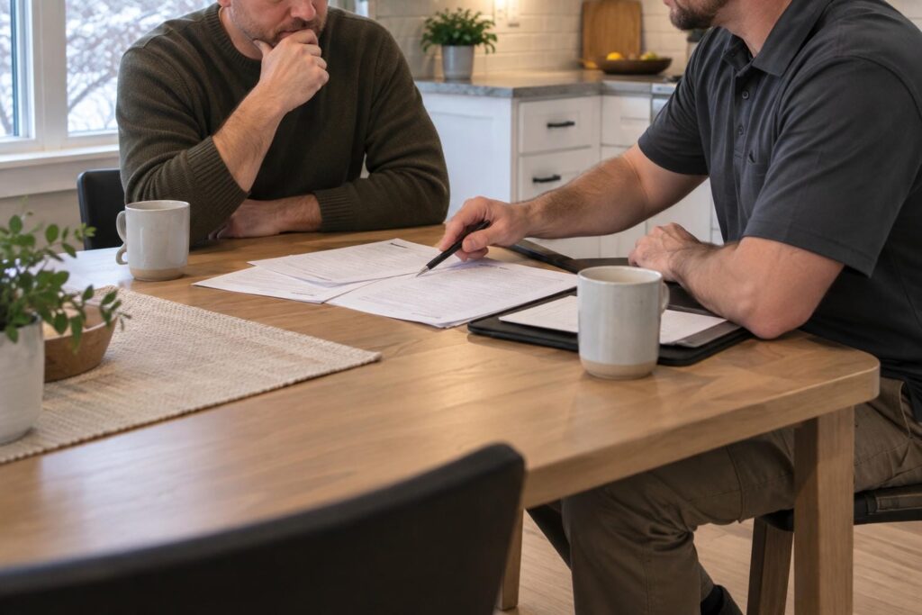 Homeowner reading a printed furnace quote at the kitchen table while the contractor points to a line on the page
