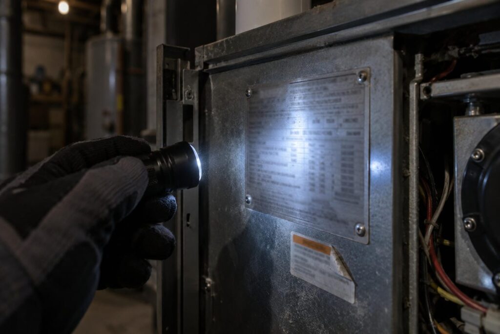 Technician shining a small flashlight on the metal rating plate riveted inside the open door of a residential gas furnace