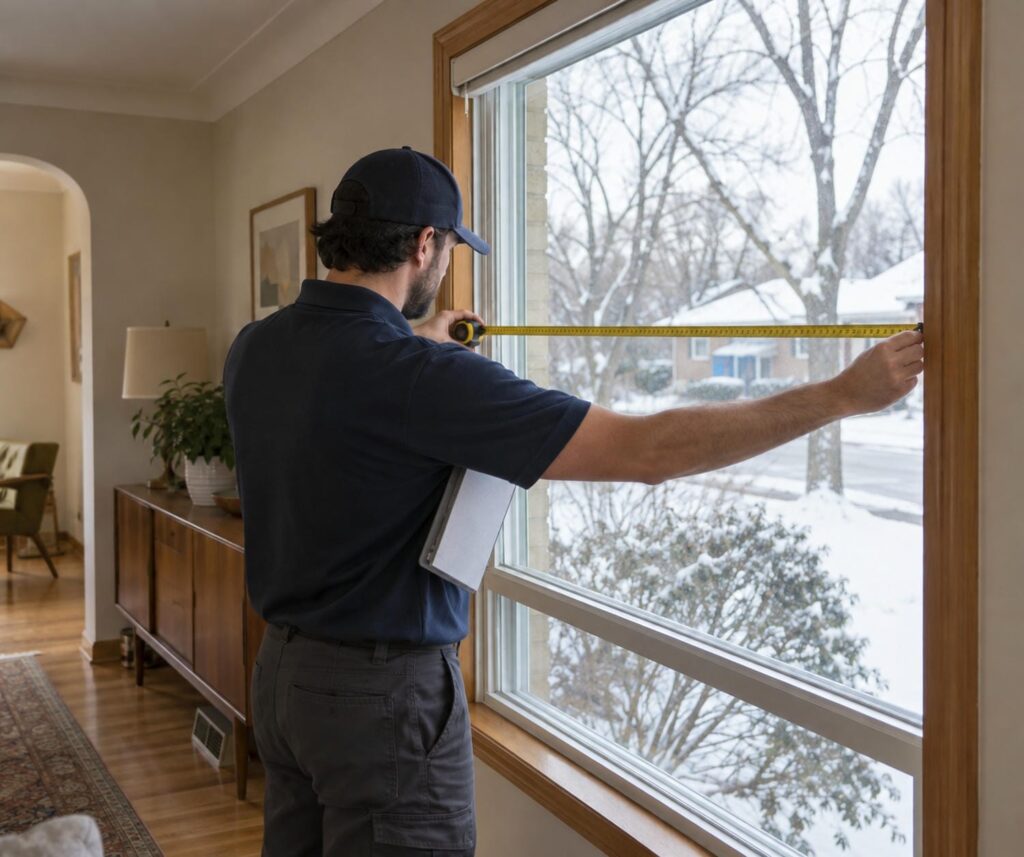 Technician measuring a large living room window with a tape measure while gathering heat loss details in an older Toronto area home