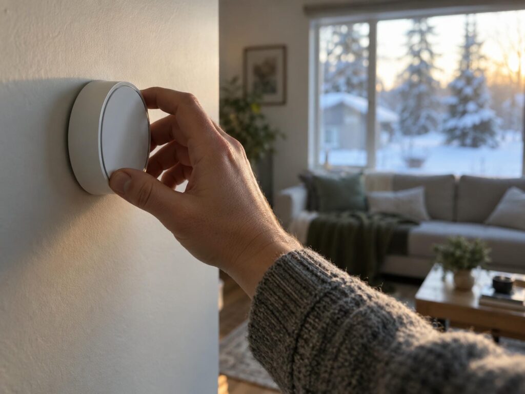 Homeowner's hand adjusting a plain wall thermostat in a warm living room on an Ontario winter afternoon