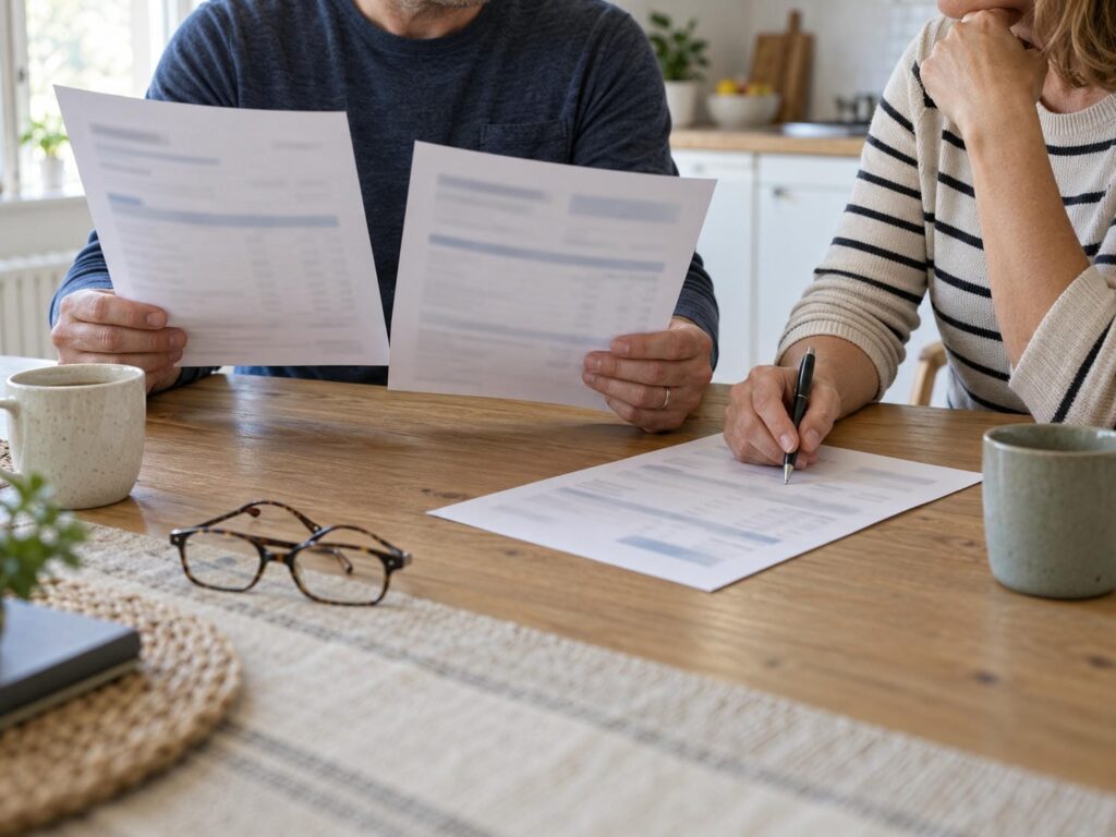 Couple at a kitchen table comparing three printed furnace quotes side by side, pen in hand