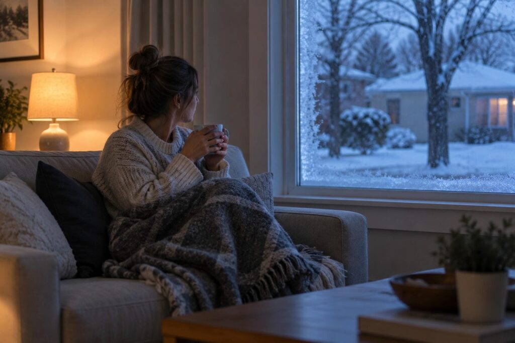 Homeowner wrapped in a wool blanket beside a frost edged window on the coldest night of an Ontario winter