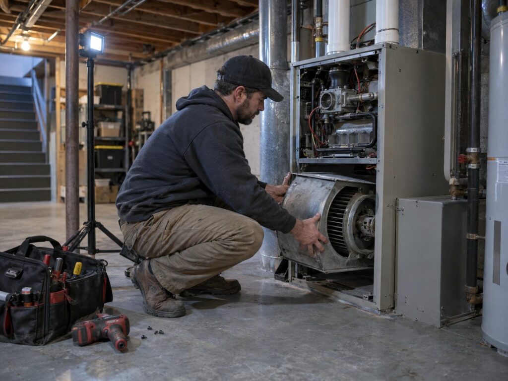 HVAC technician sliding the blower motor assembly out of the bottom of an open furnace cabinet in a basement
