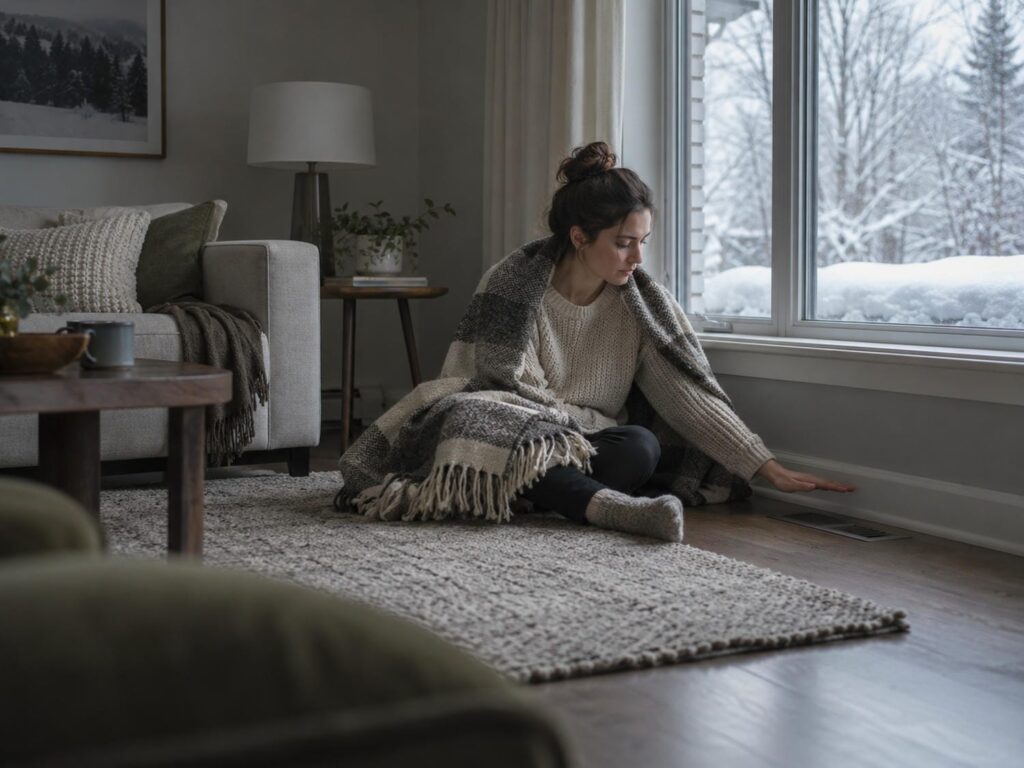 Woman wrapped in a wool blanket holding her hand over a floor register in a cool living room on a grey winter day