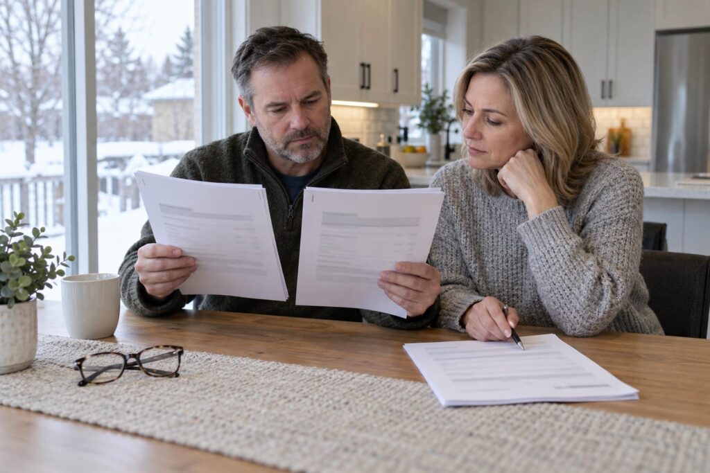 Couple at a kitchen table comparing three printed furnace quotes side by side with snow visible through the window behind them