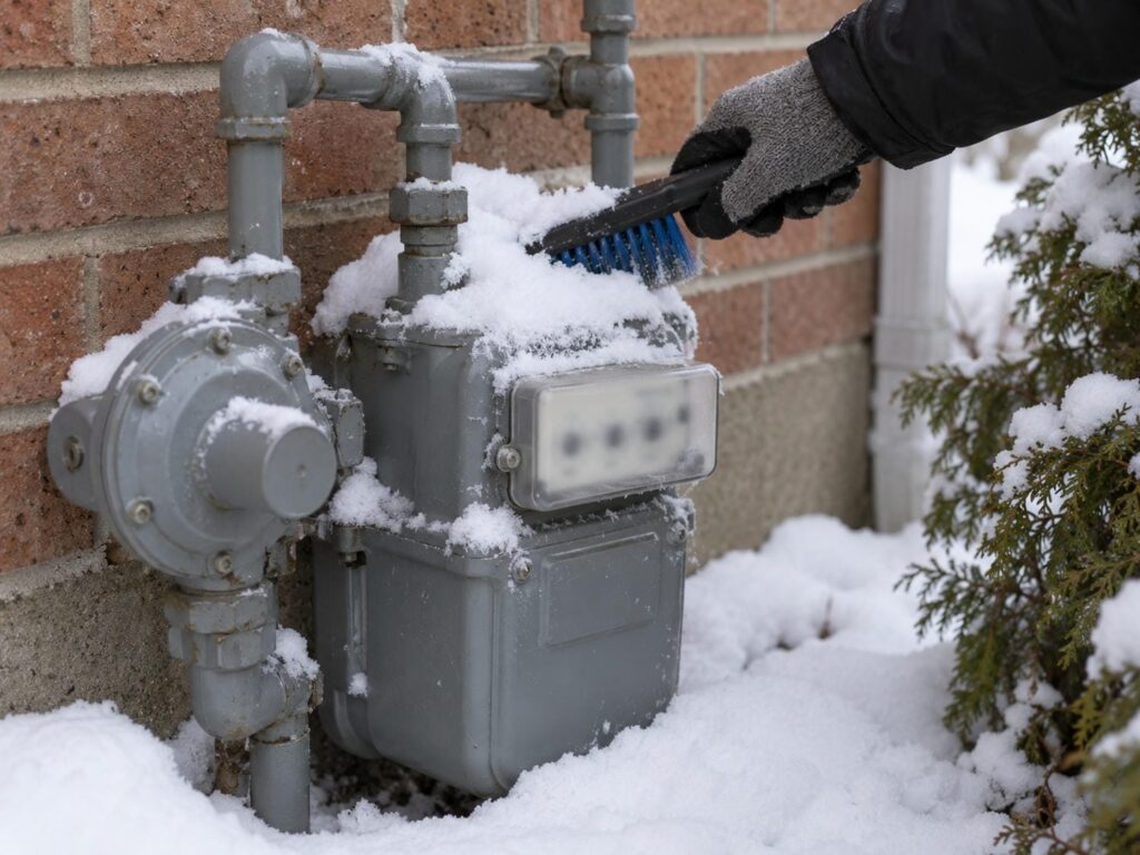 Gloved hand brushing snow off a residential natural gas meter mounted on the brick side wall of an Ontario home