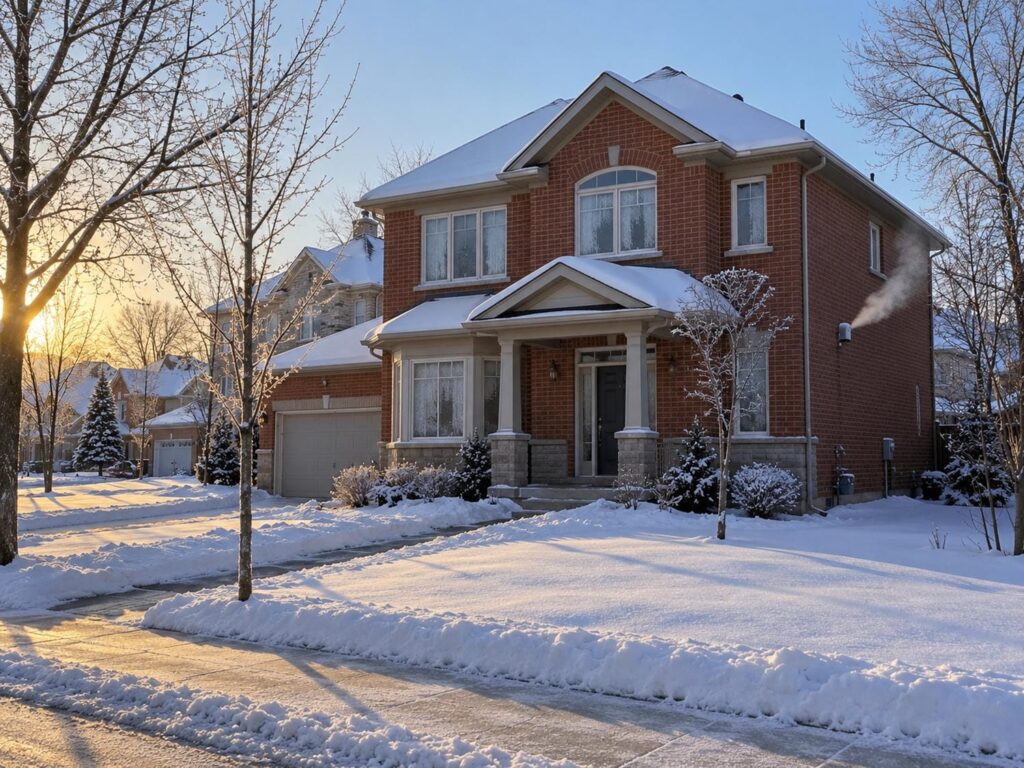 Two storey brick house on a cold winter morning in the Greater Toronto Area with snow across the lawn and vapour drifting from a sidewall vent