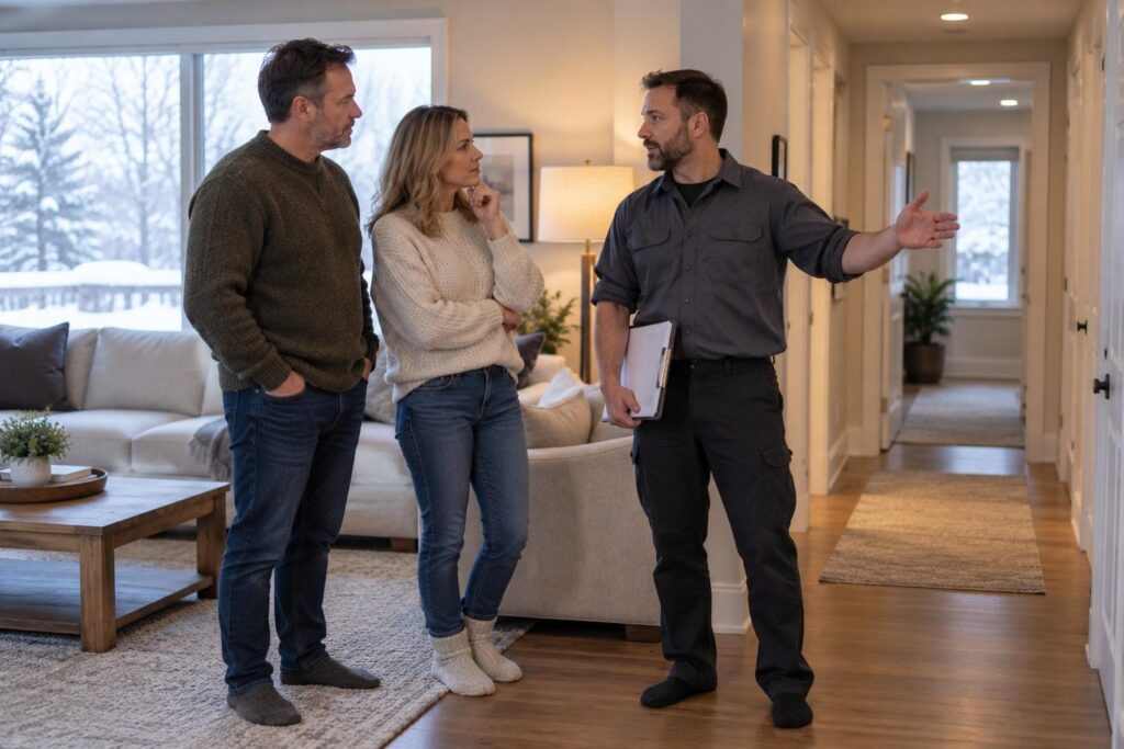HVAC technician with a clipboard talking through furnace options with a couple in the living room of their Ontario home